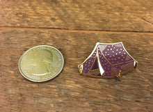 Load image into Gallery viewer, purple and gold tent enamel pin next to a quarter for size reference