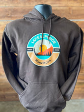 Load image into Gallery viewer, Brown hooded sweatshirt with Lake Superior North Shore sunset design