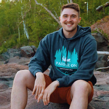 Load image into Gallery viewer, man wearing grey hoodie that says paddle on with canoers on it