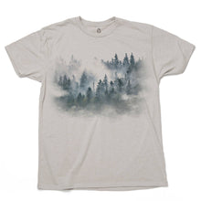 Load image into Gallery viewer, grey t-shirt with blue trees and cloud fading design