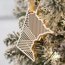 Load image into Gallery viewer, White and gold wooden ornament in shape of Minnesota.