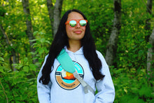 Load image into Gallery viewer, Girl wearing orange sunglasses and North Shore grey sweatshirt