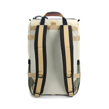 Load image into Gallery viewer, Back of rover pack with tan and black straps and white backpack