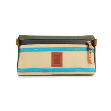 Load image into Gallery viewer, Bike bag for handlebars that is olive, tan, with blue strapping