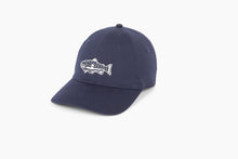 Load image into Gallery viewer, Navy hat with embroidered fish that has mountain scene in it