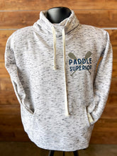 Load image into Gallery viewer, Grey speckled cowl neck that says paddle superior in blue in front of gray cross paddles