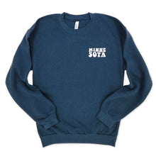 Load image into Gallery viewer, front of blue crewneck that says minnesota