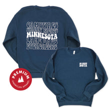 Load image into Gallery viewer, front and back of blue crewneck sweatshirt that says campfires starry nights minnesota lake days evergreens