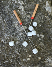 Load image into Gallery viewer, Two campfire roasting forks and a pile of marshmallows