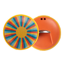 Load image into Gallery viewer, front and back of sunfish cruiser speaker. Back is orange with bottle opener. Front is sun design with orange, red, and blue rays.