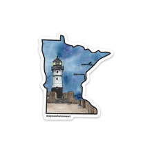 Load image into Gallery viewer, Minnesota shaped sticker with waterproof painting of Duluth Pier Lighthouse