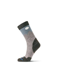 Load image into Gallery viewer, grey sock with olive toe and heal and mountain design