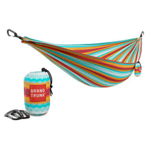 Load image into Gallery viewer, Grand Trunk horizon double hammock is teal, red, and orange stripes