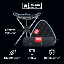 Load image into Gallery viewer, Graphic that shows swivel stool, carrying case, rotation and lifetime guarantee