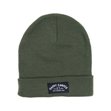 Load image into Gallery viewer, Olive beanie with a patch that says Happy Camper with a tent and trees