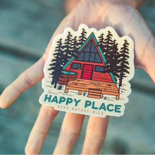 Load image into Gallery viewer, Happy Place A-frame sticker that is in someone's palm