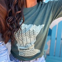 Load image into Gallery viewer, woman wearing green minnesota t-shirt
