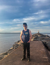 Load image into Gallery viewer, Man standing on pier wearing moose tank top that says up north