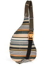Load image into Gallery viewer, back of climbing rope bag by Kavu that has a clip on the straps and is orange, teal, white, and brown striped