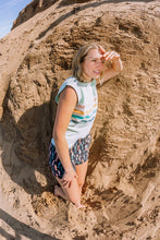Load image into Gallery viewer, woman wearing aqua striped tank top in the desert