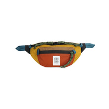Load image into Gallery viewer, Fanny pack that is blue, mustard, and dark orange with green zipper handles