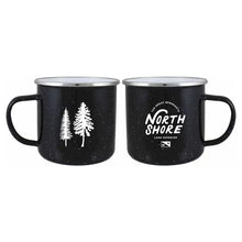 Load image into Gallery viewer, Black mug that says the great Minnesota North Shore with two trees on the other side
