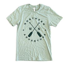Load image into Gallery viewer, Heather sage t-shirt with Northern Adventure MN cross paddle design