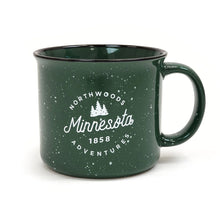 Load image into Gallery viewer, Green mug that says northwoods adventure, Minnesota, 1858 with trees