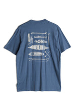 Load image into Gallery viewer, blue t-shirt back with multiple paddleboards, kayaks, and canoes in white