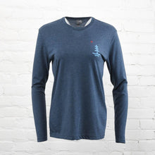 Load image into Gallery viewer, Front of blue long sleeve that has a tree with waves on left chest