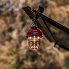 Load image into Gallery viewer, Barebones red hanging lantern for camping with carabiner