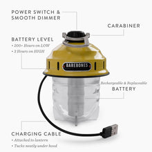 Load image into Gallery viewer, Yellow Barebones hanging lantern for camping with charging cable