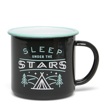 Load image into Gallery viewer, Sleep under the stars mug with trees and tent