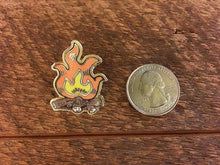 Load image into Gallery viewer, Campfire enamel pin next to a quarter for a size comparison