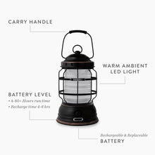 Load image into Gallery viewer, Barebones antique black lantern with carry handle, long battery level, warm LED light, and rechargeable battery