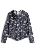Load image into Gallery viewer, back of wildflower sunshade hoodie is navy with pink and light blue flowers