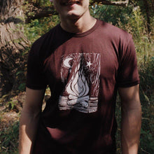 Load image into Gallery viewer, man wearing maroon tshirt with moon and campfire