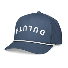 Load image into Gallery viewer, left side view of blue hat with duluth upside down & backwards