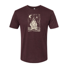 Load image into Gallery viewer, maroon shirt with campfire and moon