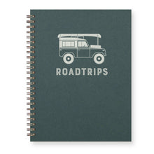 Load image into Gallery viewer, green notebook with white jeep on front. Jeep has a canoe on top. Notebook says roadtrips under jeep graphic.