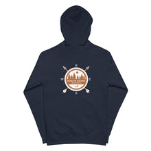 Load image into Gallery viewer, back of navy hoodie that has a white and gold compass that says North Shore Minnesota on the inside