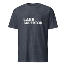Load image into Gallery viewer, front of heather grey t-shirt that says Lake Superior with outline of the lake