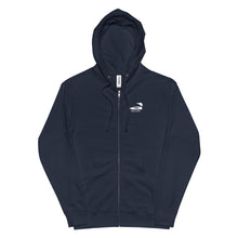Load image into Gallery viewer, navy zip up hoodie that has a loon and Duluth under it