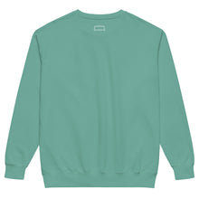 Load image into Gallery viewer, back of teal sweatshirt has aerial lift bridge on back collar