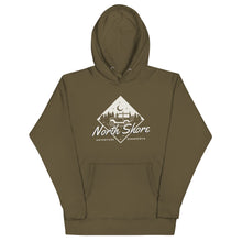 Load image into Gallery viewer, army green hoodie with north shore minnesota logo that has a jeep in front of trees and the moon.