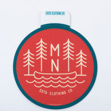 Load image into Gallery viewer, Red sticker with canoe and MN trees