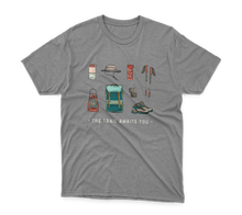 Load image into Gallery viewer, Grey hiking shirt that says The Trail awaits you with hiking icons
