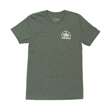 Load image into Gallery viewer, Printed on the left chest it says life is good in the woods with 3 trees