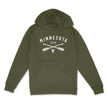 Load image into Gallery viewer, Minnesota cross paddle hooded sweatshirt in army green