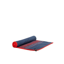 Load image into Gallery viewer, Quick dry blue towel with red stripes rolled up
